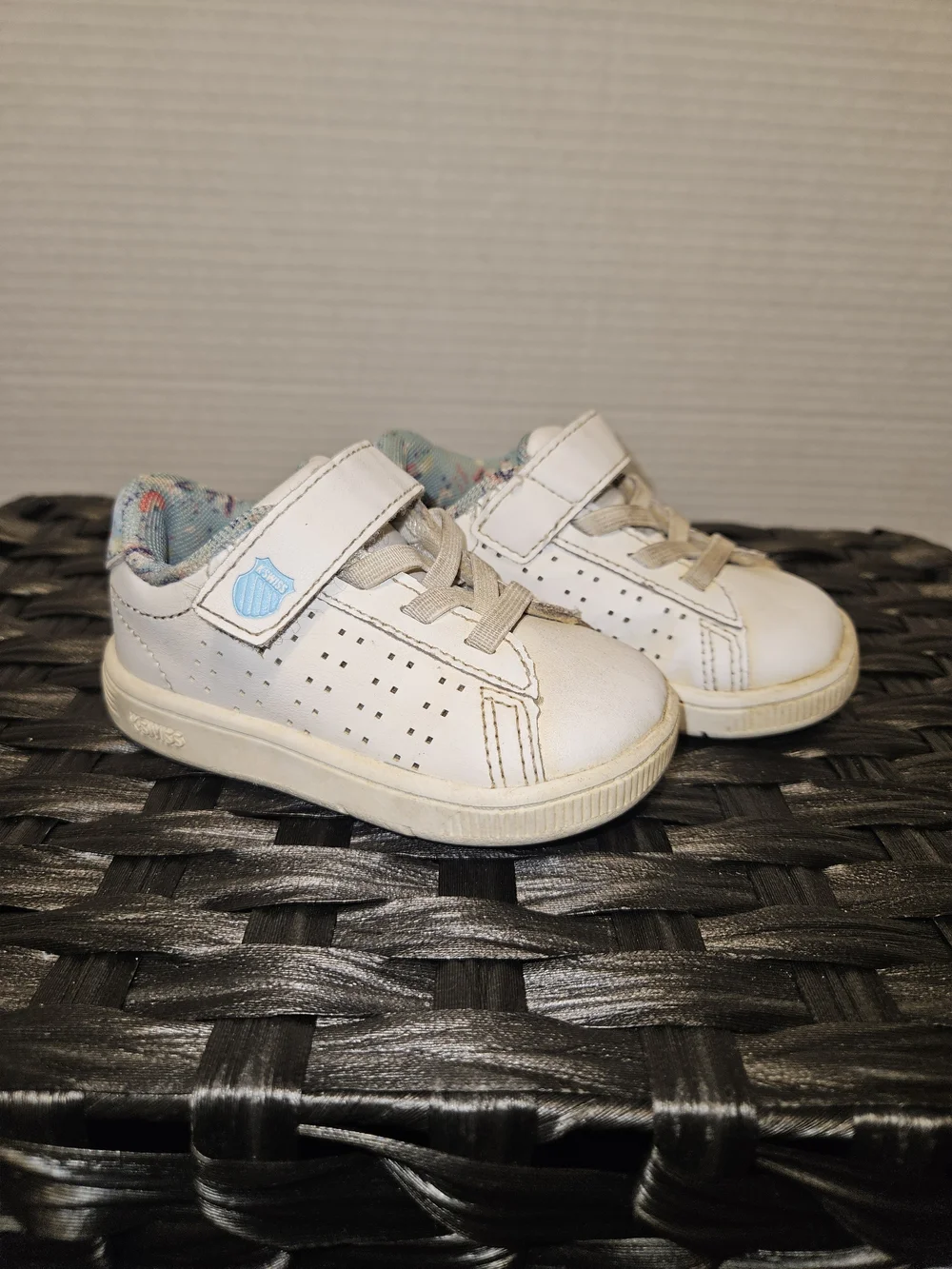 K-Swiss White Kids Velcro Sneakers with Light Blue Shield